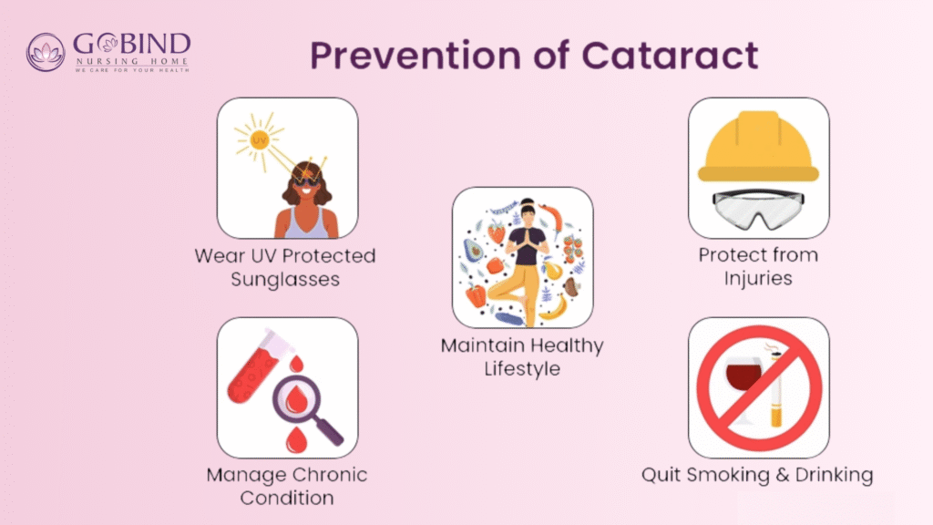 Prevention of cataract through healthy lifestyle and regular eye check-ups.