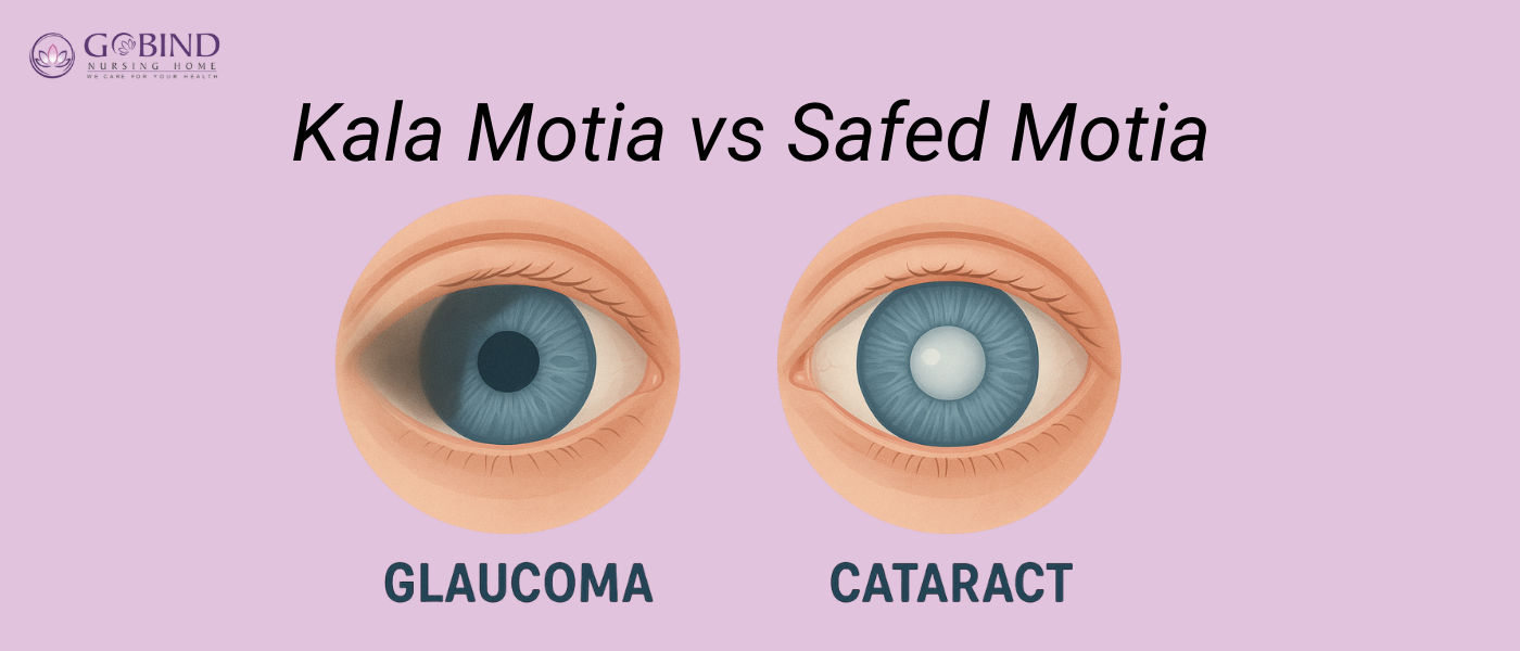 Kala Motia (Glaucoma) vs Safed Motia (Cataract) comparison showing differences in vision loss and eye condition