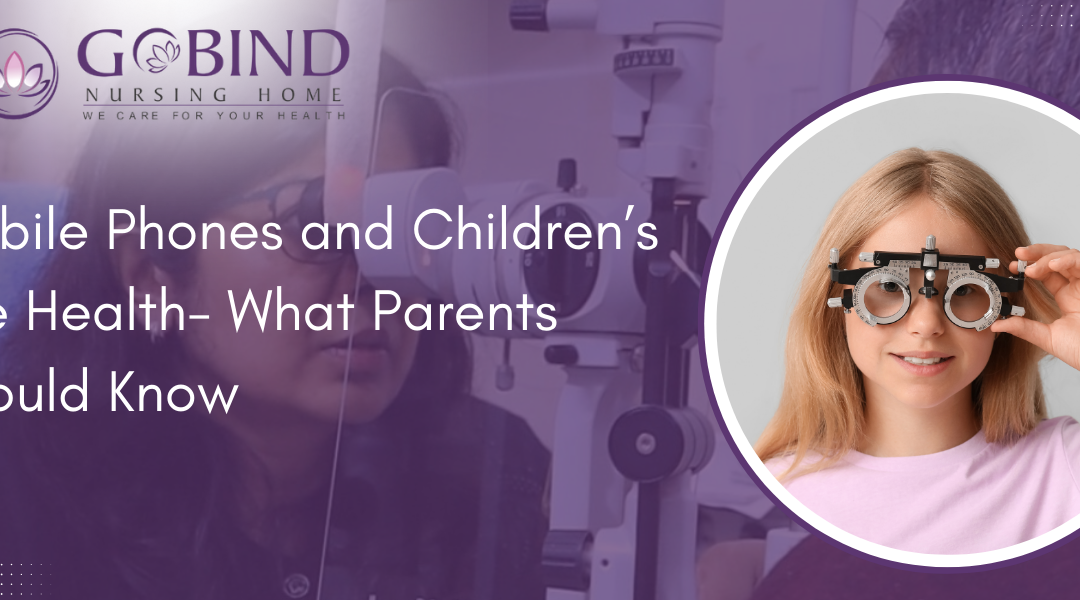 Child using a mobile phone while parents monitor screen time to protect eye health. Children's eye health | Gobind Eye Care
